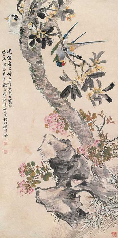 何煜 1900年作 秋花鹦鹉图 立轴